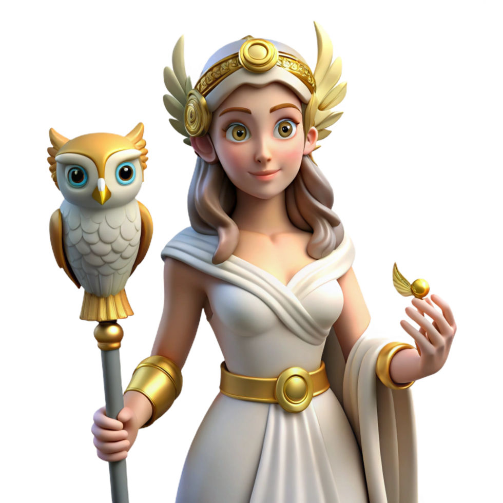 memorable nordic Athena, goddess of wisdom, with owl, NO BACKGROUND with Transparent Background. sharp png