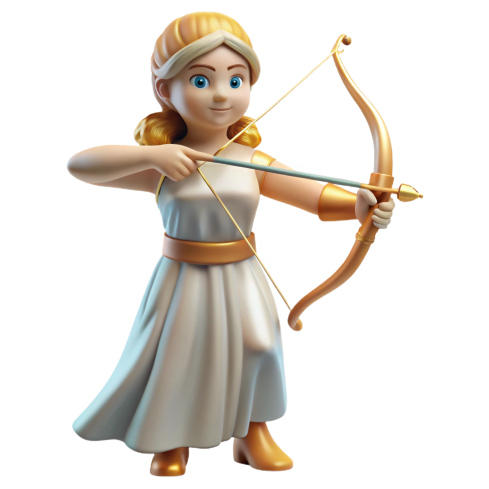 nostalgic fascinating Artemis, goddess of the hunt, bow and arrow, NO BACKGROUND with Transparent Background. expertly shot png
