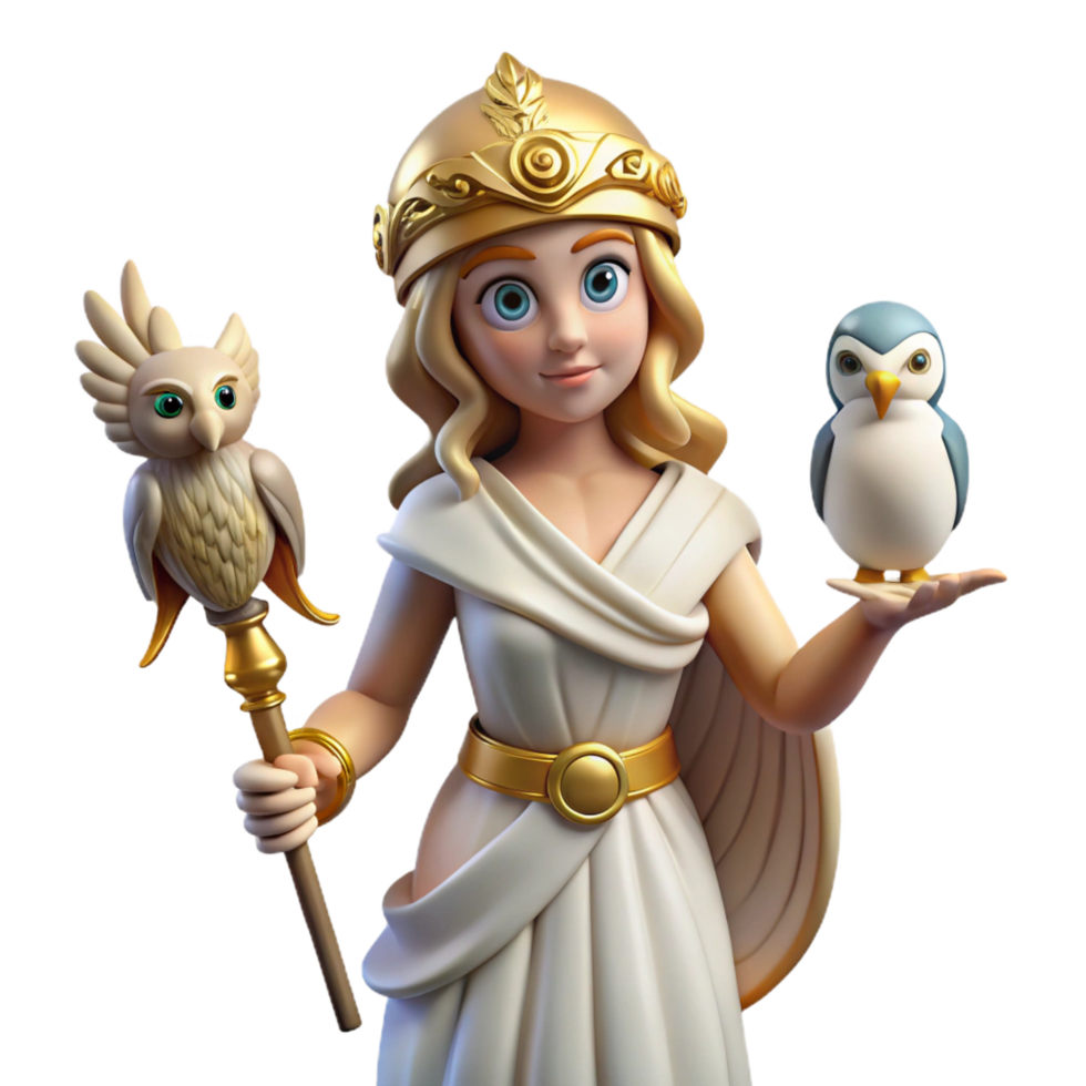 wonderful joyful elegant Athena, goddess of wisdom, with owl, NO BACKGROUND with Transparent Background. exclusive png