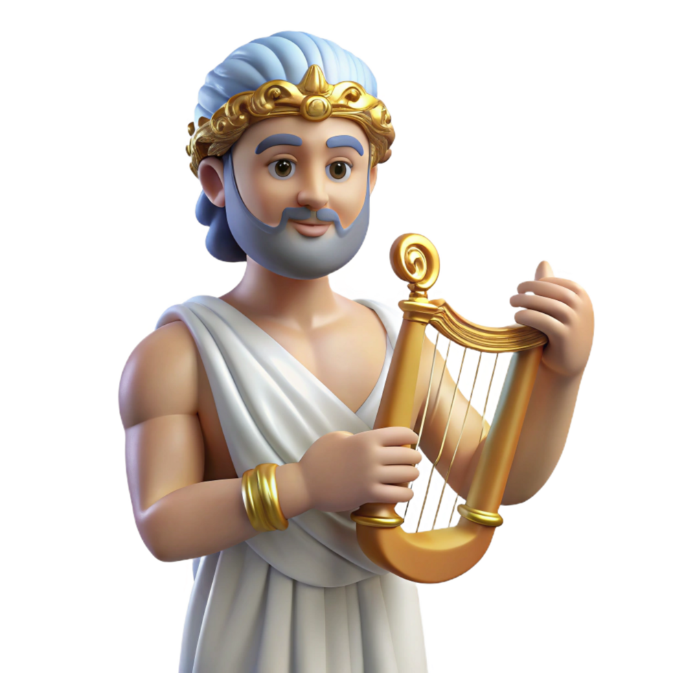 radiant passionate traditional Apollo, god of music and light, lyre in hand, NO BACKGROUND with Transparent Background. studio quality png