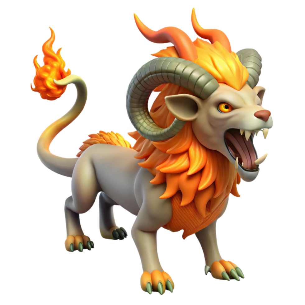 fascinating calm surreal Chimera, fire-breathing hybrid creature, lion, goat, serpent, NO BACKGROUND with Transparent Background. perfect clarity png