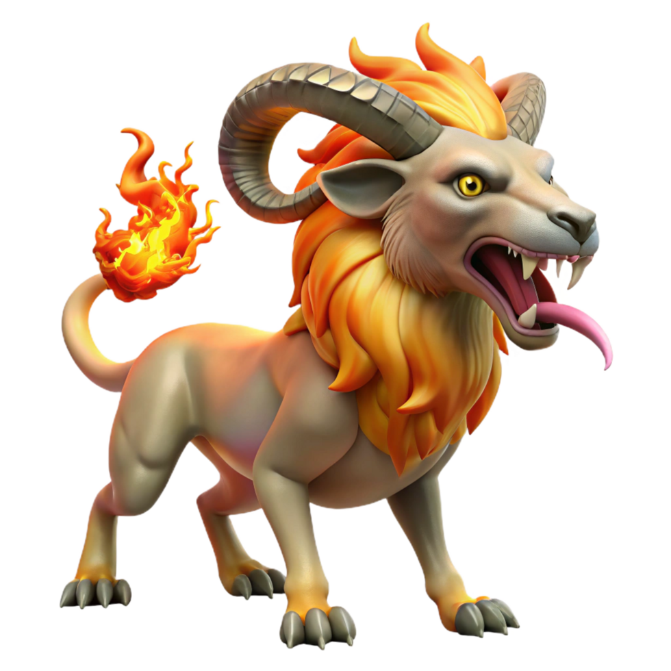 wonderful memorable Chimera, fire-breathing hybrid creature, lion, goat, serpent, NO BACKGROUND with Transparent Background. png