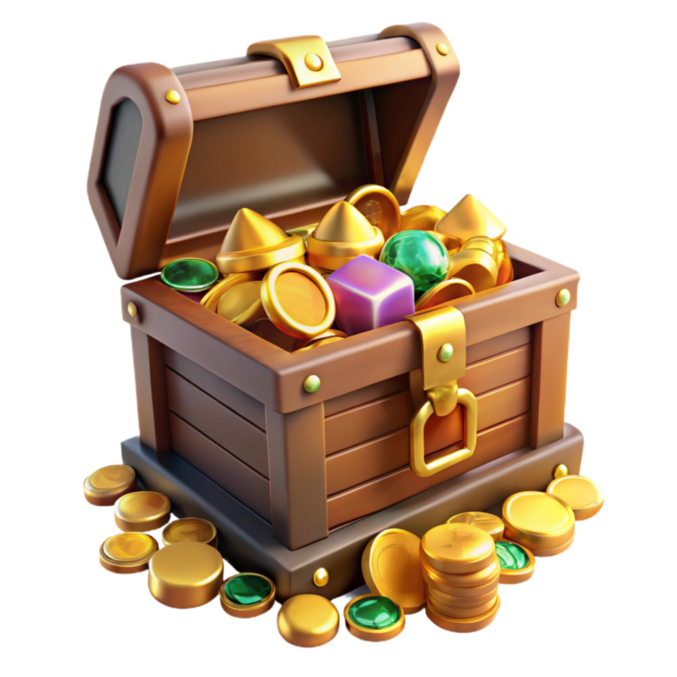 joyful magnificent A treasure chest overflowing with gold coins and jewels, NO BACKGROUND with Transparent Background. flawless png