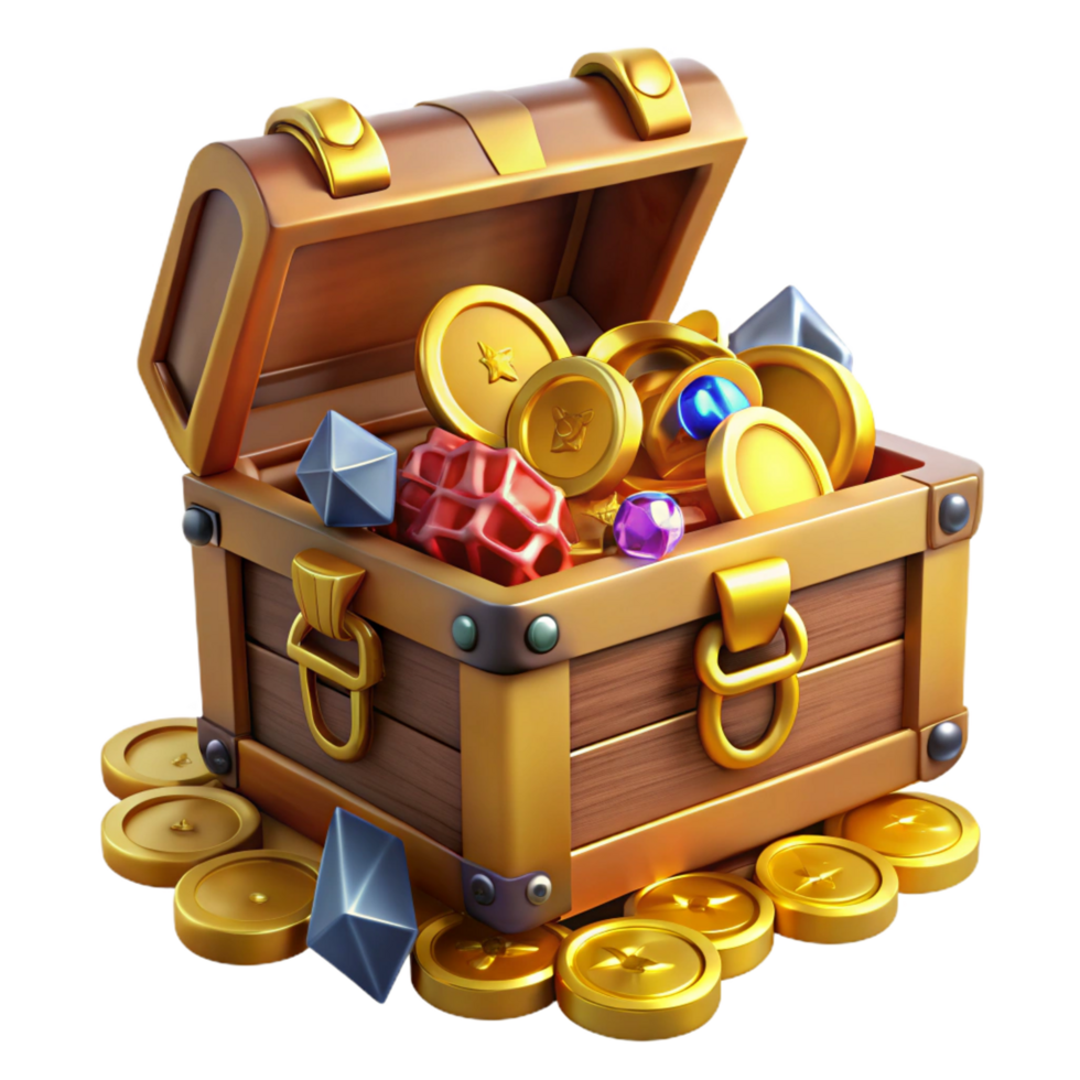 standout gothic A treasure chest overflowing with gold coins and jewels, NO BACKGROUND with Transparent Background. 8K png