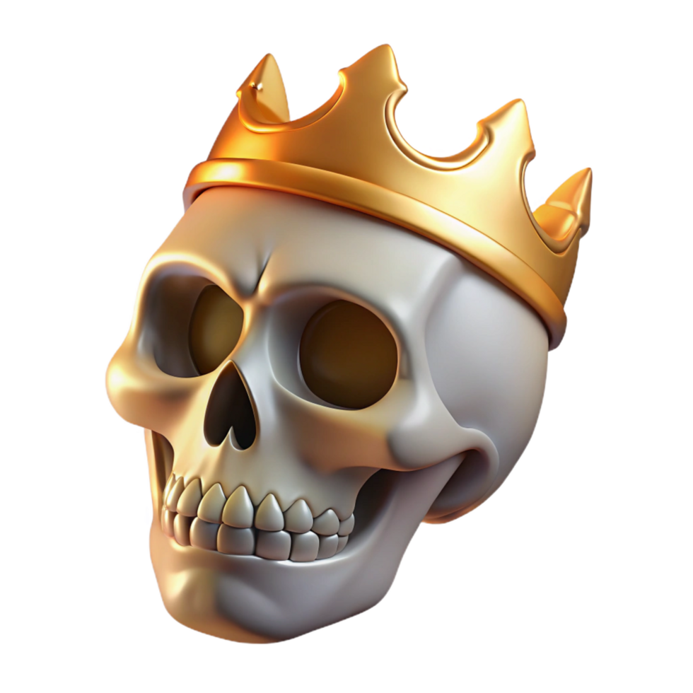 remarkable art deco A realistic rendering of a human skull wearing a golden crown, NO BACKGROUND with Transparent Background. precision png