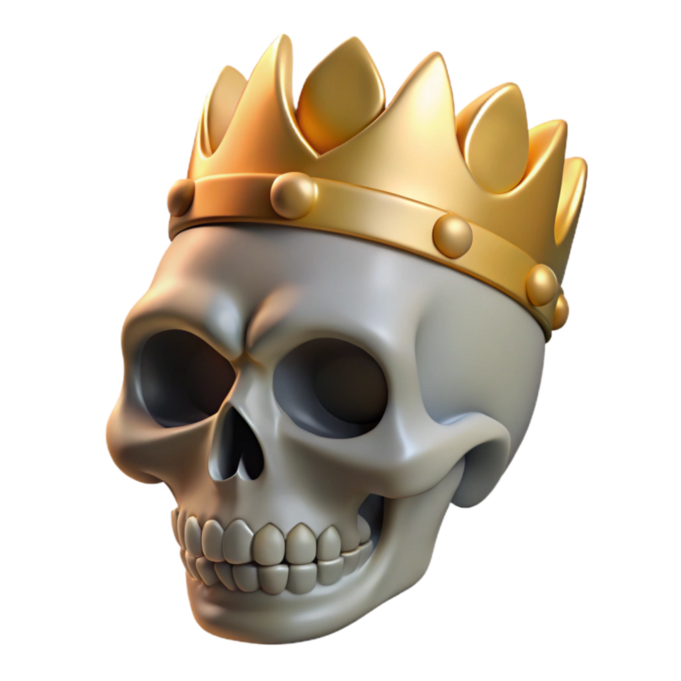 sumptuous minimalist A realistic rendering of a human skull wearing a golden crown, NO BACKGROUND with Transparent Background. flawless png