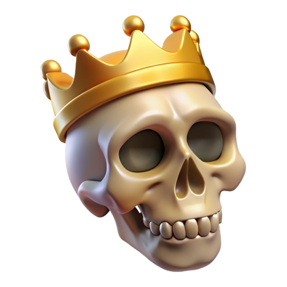 pristine surreal A realistic rendering of a human skull wearing a golden crown, NO BACKGROUND with Transparent Background. sharp png