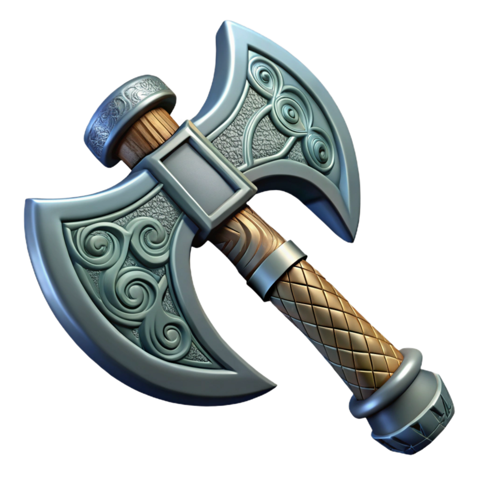 reflective enchanting A single, ornate dwarven axe with intricate carvings, NO BACKGROUND with Transparent Background. premium png