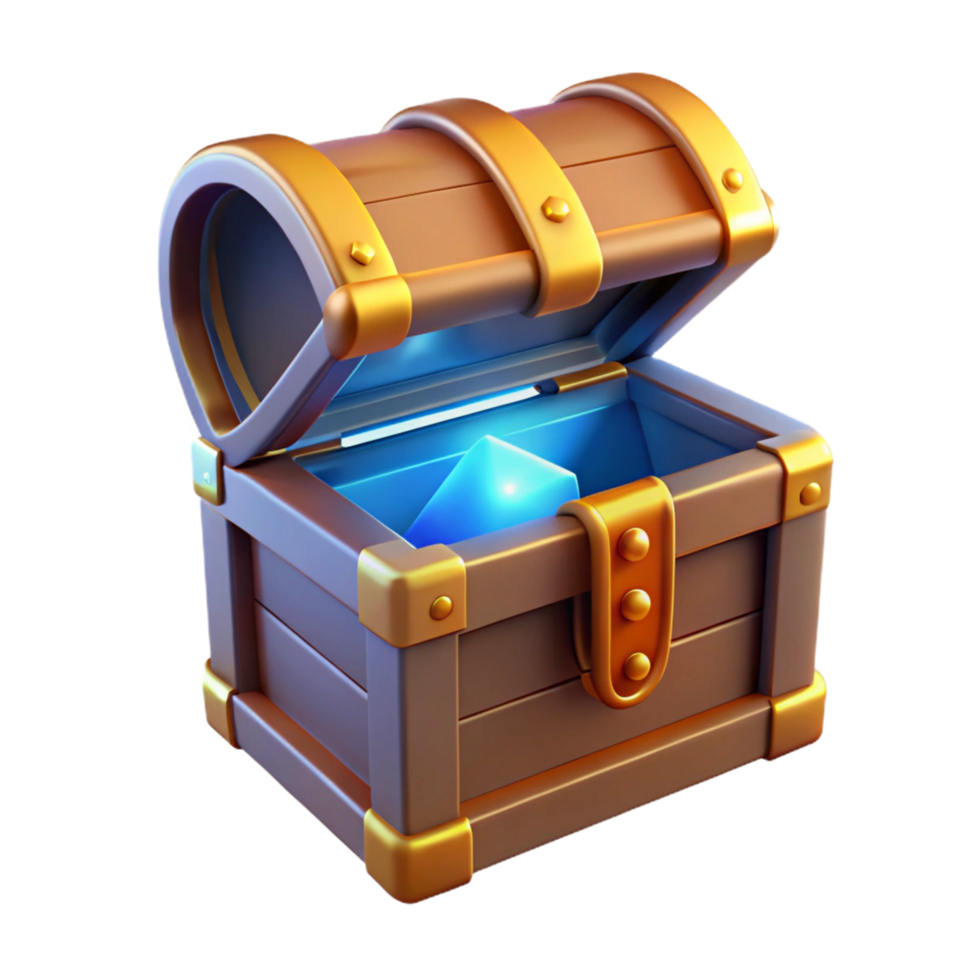 spectacular classic A single, open treasure chest with glowing contents, NO BACKGROUND with Transparent Background. masterfully captured png