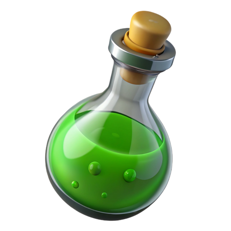 mysterious majestic A single potion bottle filled with swirling green liquid. NO BACKGROUND with Transparent Background. top-tier png