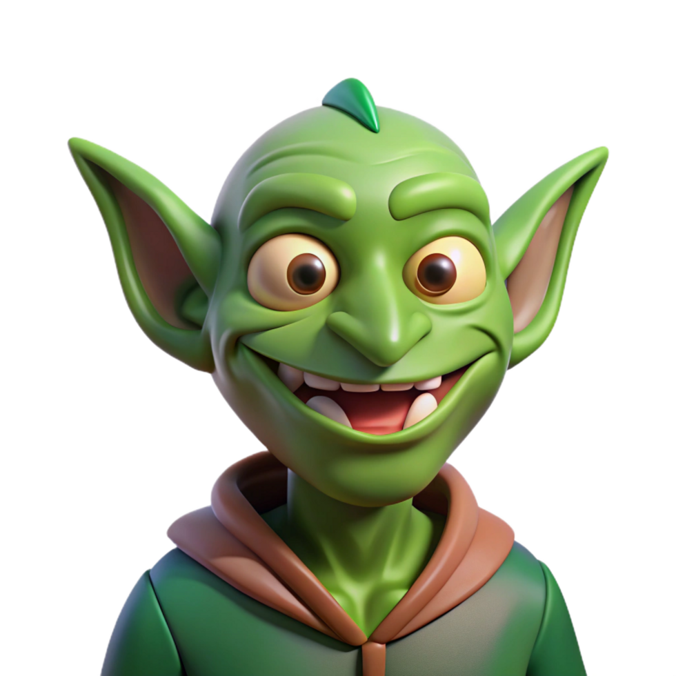 striking contemporary A mischievous goblin with pointed ears and a crooked nose. NO BACKGROUND with Transparent Background. impeccable png