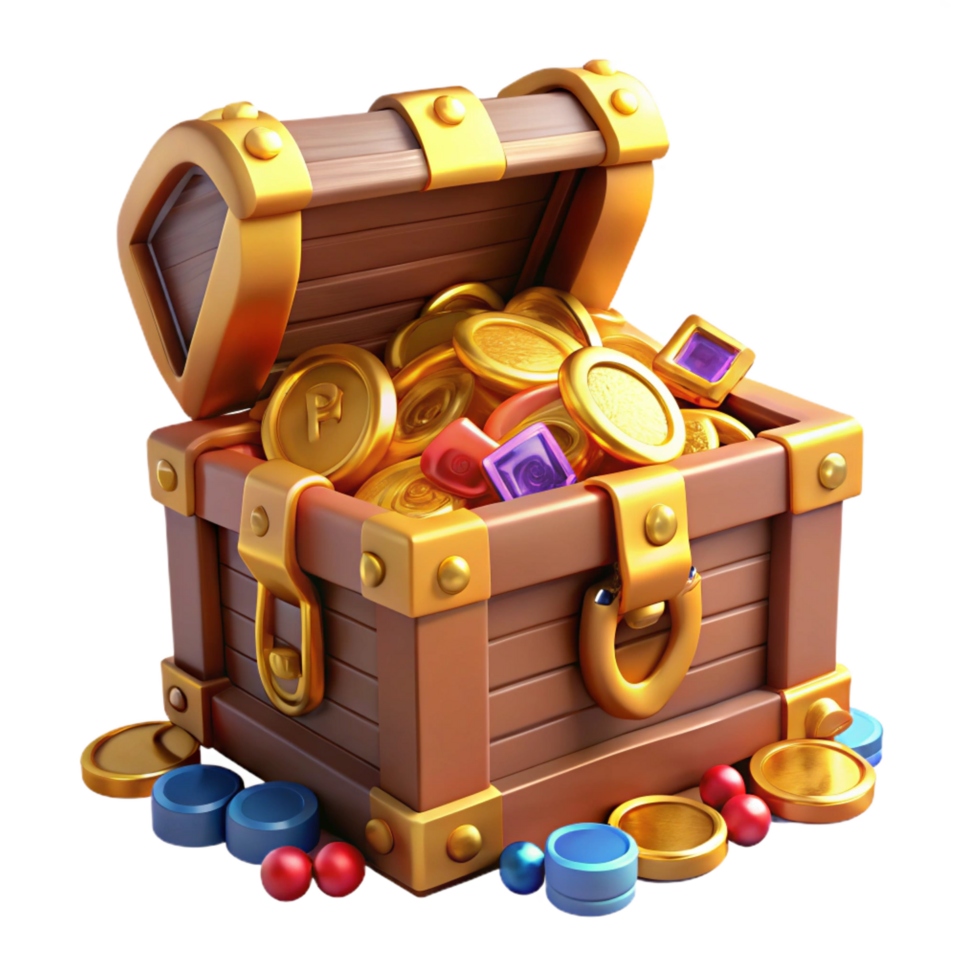 sought-after organic A treasure chest overflowing with gold coins and jewels. NO BACKGROUND with Transparent Background. handcrafted png