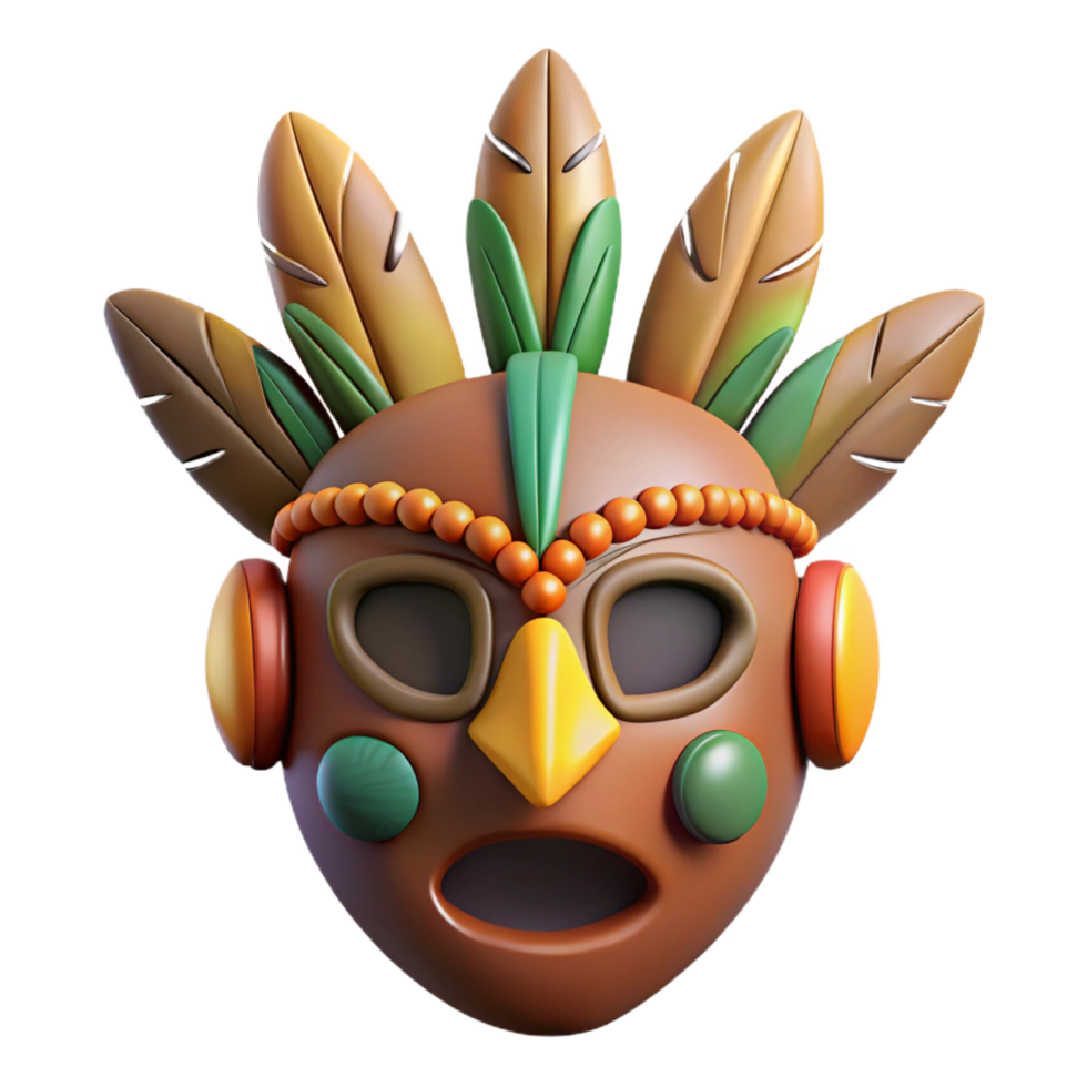 nostalgic striking A stylized tribal mask with feathers and beads. NO BACKGROUND with Transparent Background. precision png