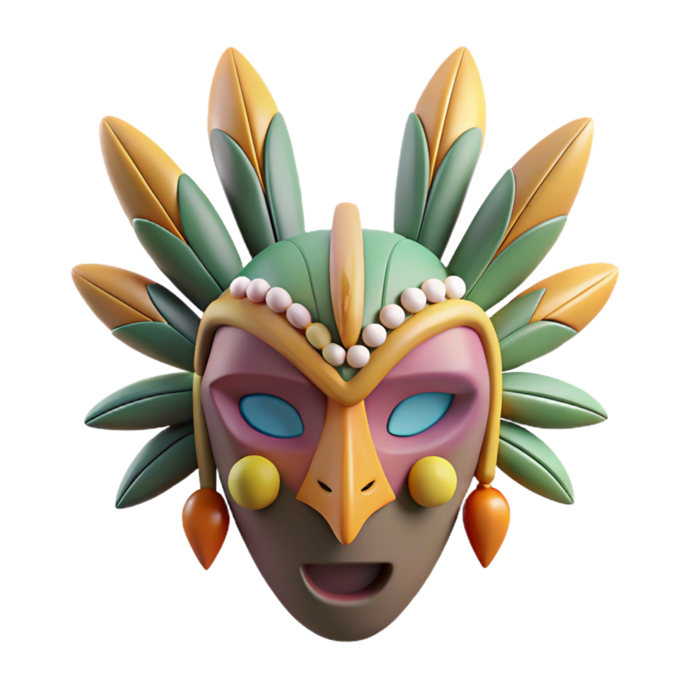 notable rustic A stylized tribal mask with feathers and beads. NO BACKGROUND with Transparent Background. high quality png