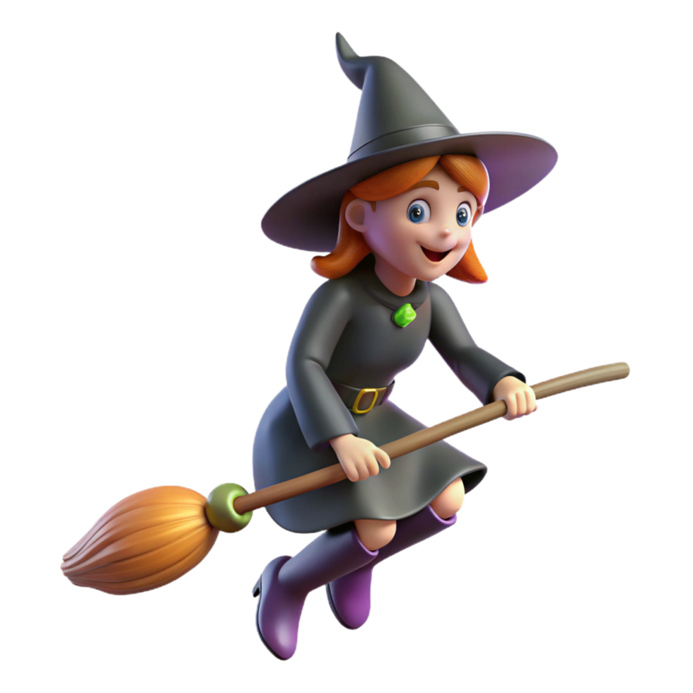 notable rustic A stylized cartoon witch riding a broomstick. NO BACKGROUND with Transparent Background. genuine png