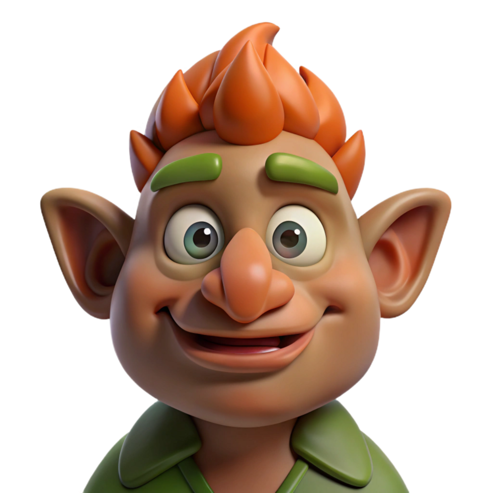 reflective radiant A stylized cartoon troll with large, warty nose. NO BACKGROUND with Transparent Background. 8K png
