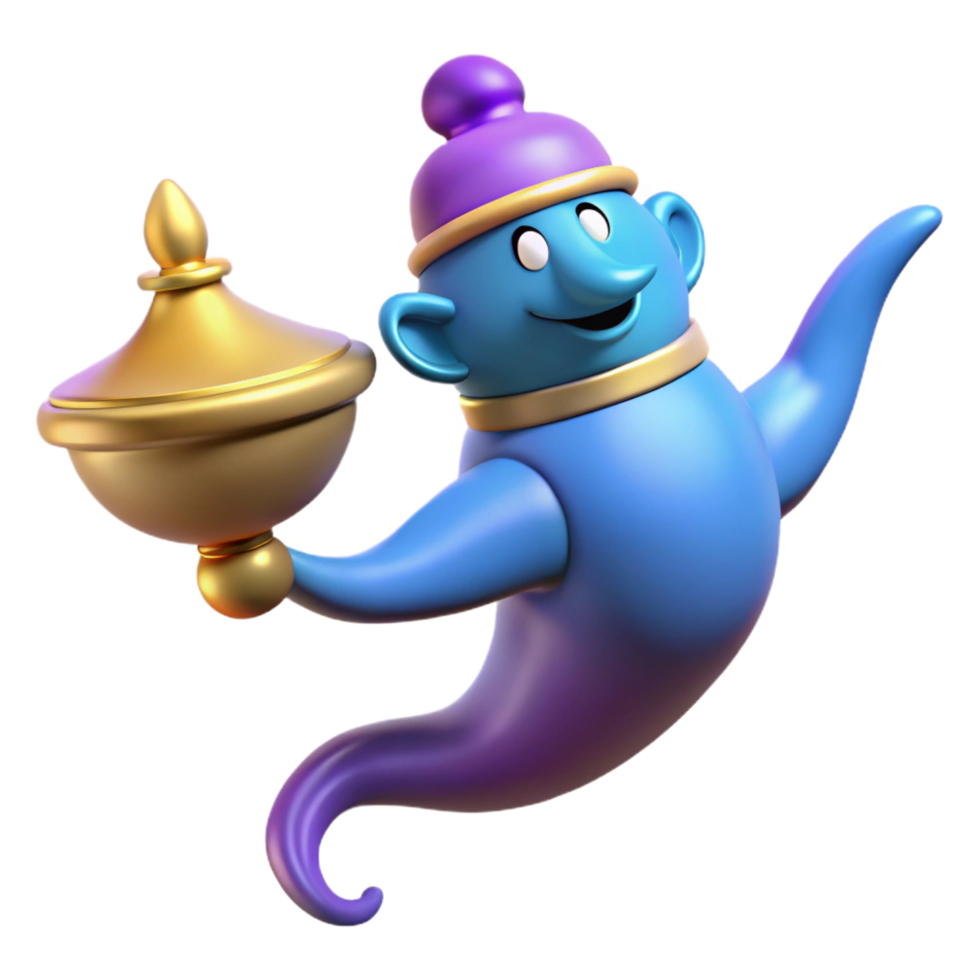 iconic minimalist A stylized cartoon genie emerging from a lamp. NO BACKGROUND with Transparent Background. expertly shot png