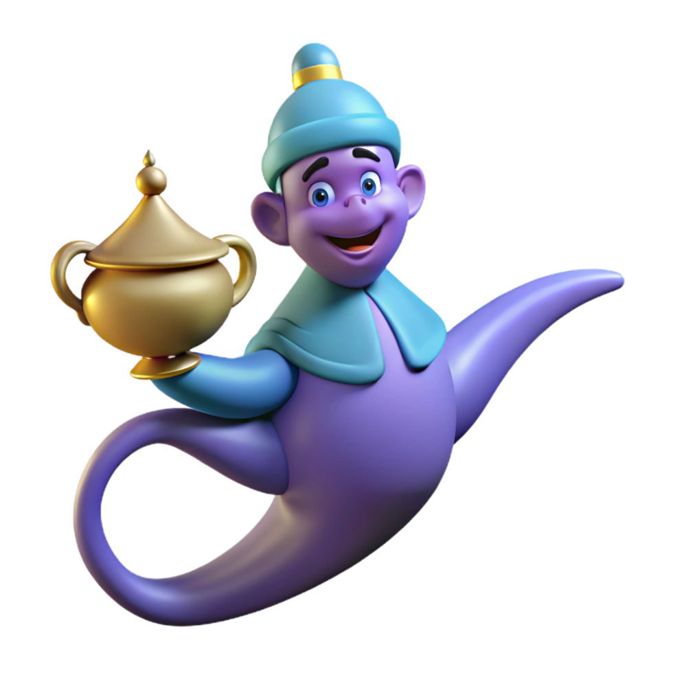 radiant acclaimed A stylized cartoon genie emerging from a lamp. NO BACKGROUND with Transparent Background. png
