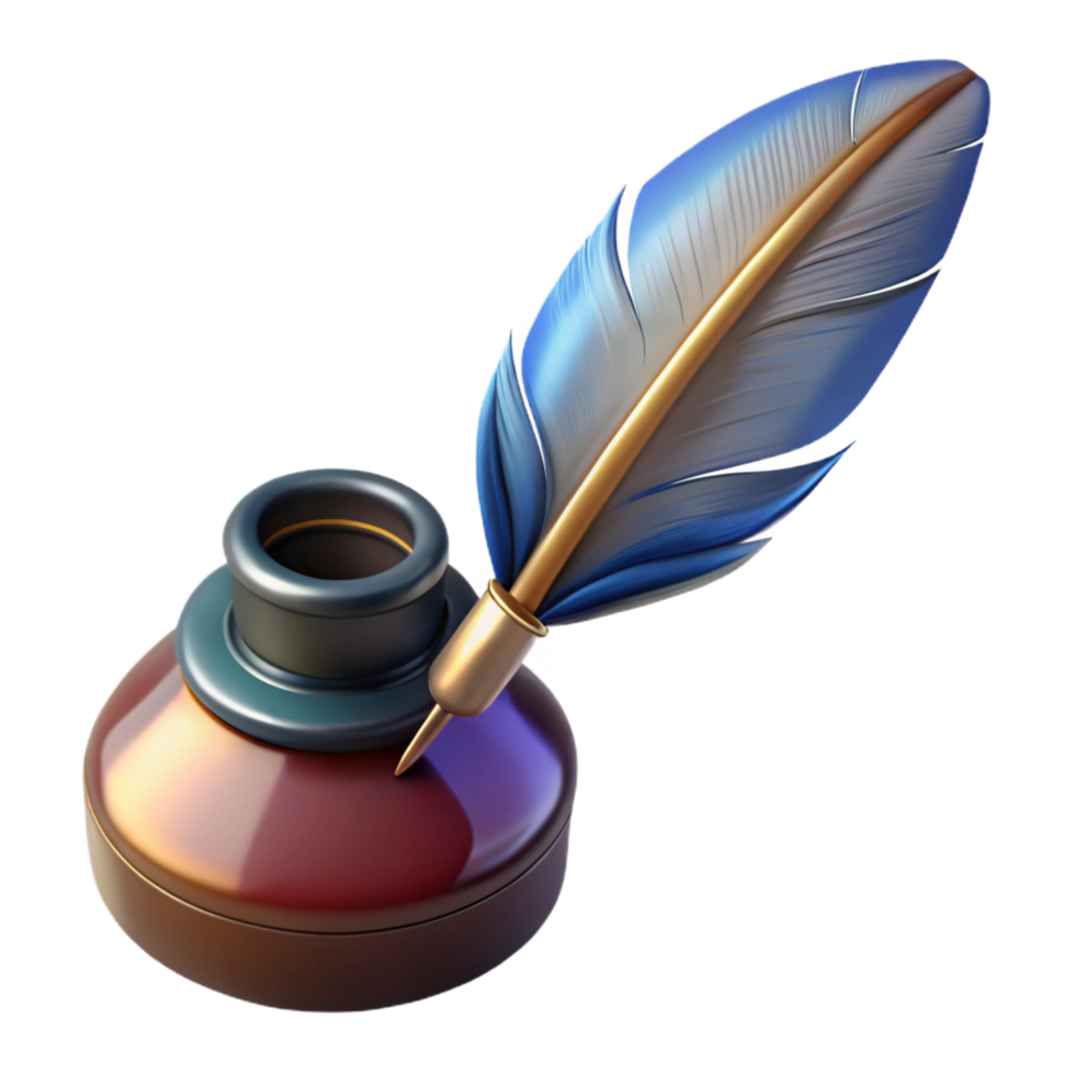 mesmerizing traditional A realistic illustration of a feather pen and inkwell. NO BACKGROUND with Transparent Background. premium png