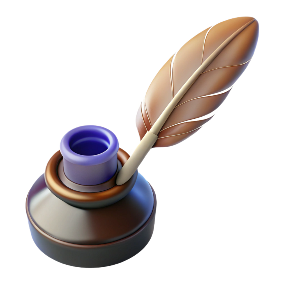 serene reflective art deco A realistic illustration of a feather pen and inkwell. NO BACKGROUND with Transparent Background. top-tier png