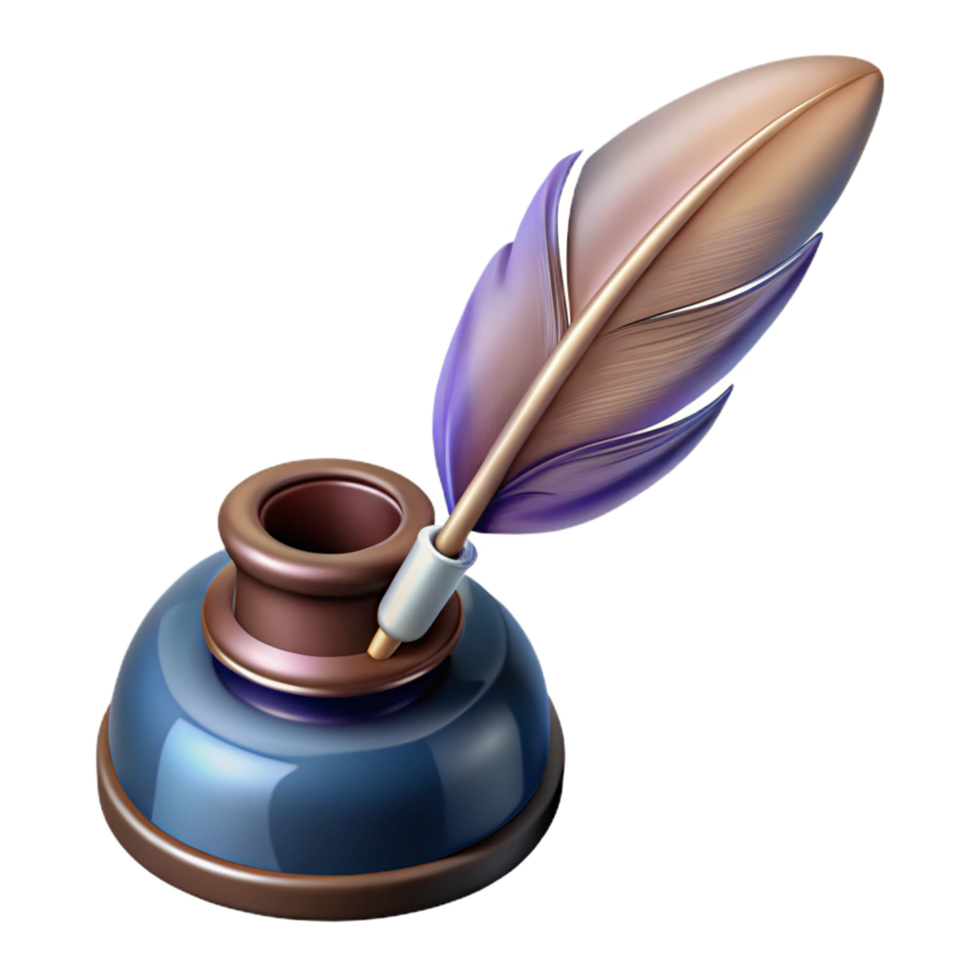 vibrant dramatic tropical A realistic illustration of a feather pen and inkwell. NO BACKGROUND with Transparent Background. 4K png