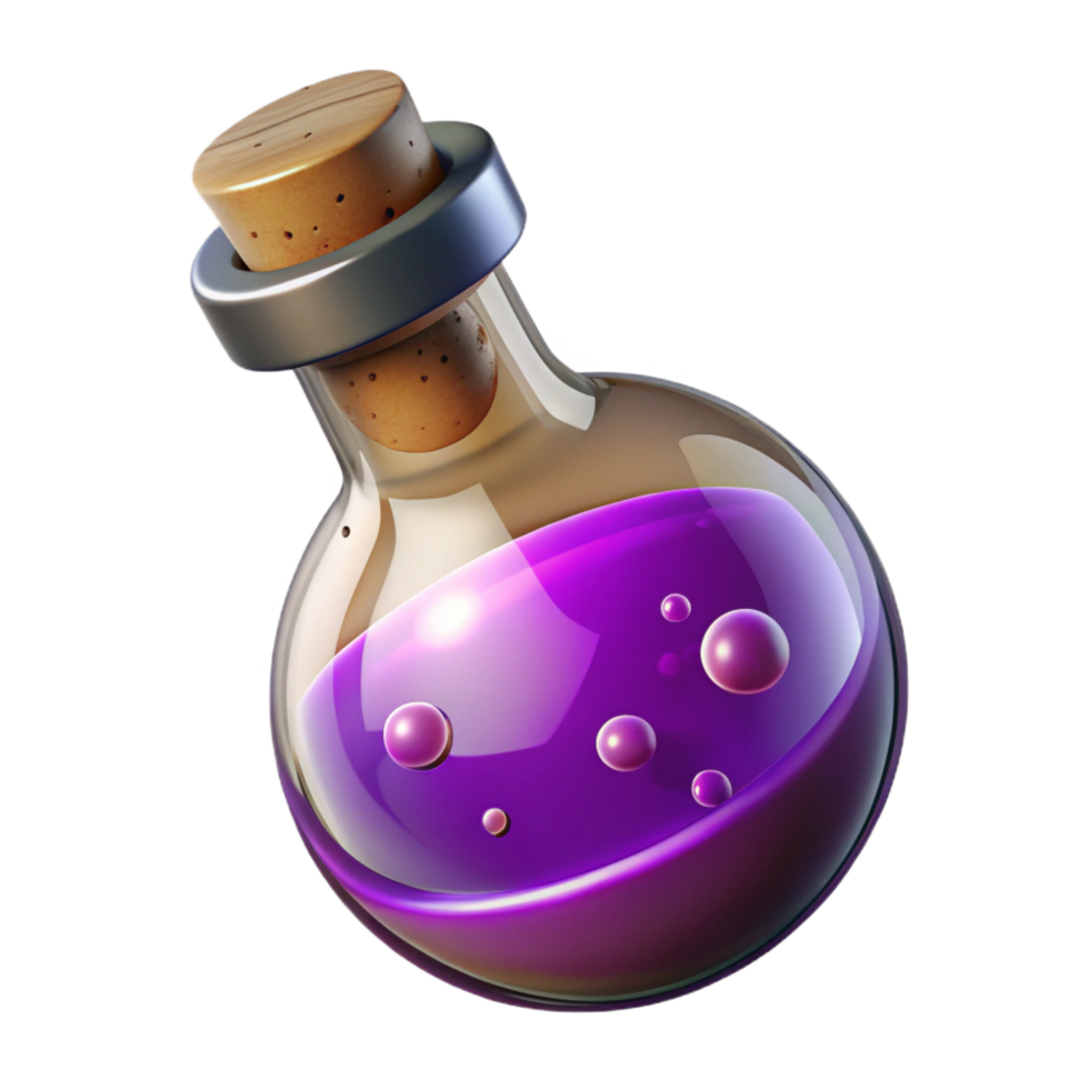 unforgettable minimalist A powerful magic potion bubbling in a glass vial, NO BACKGROUND with Transparent Background. artisan png