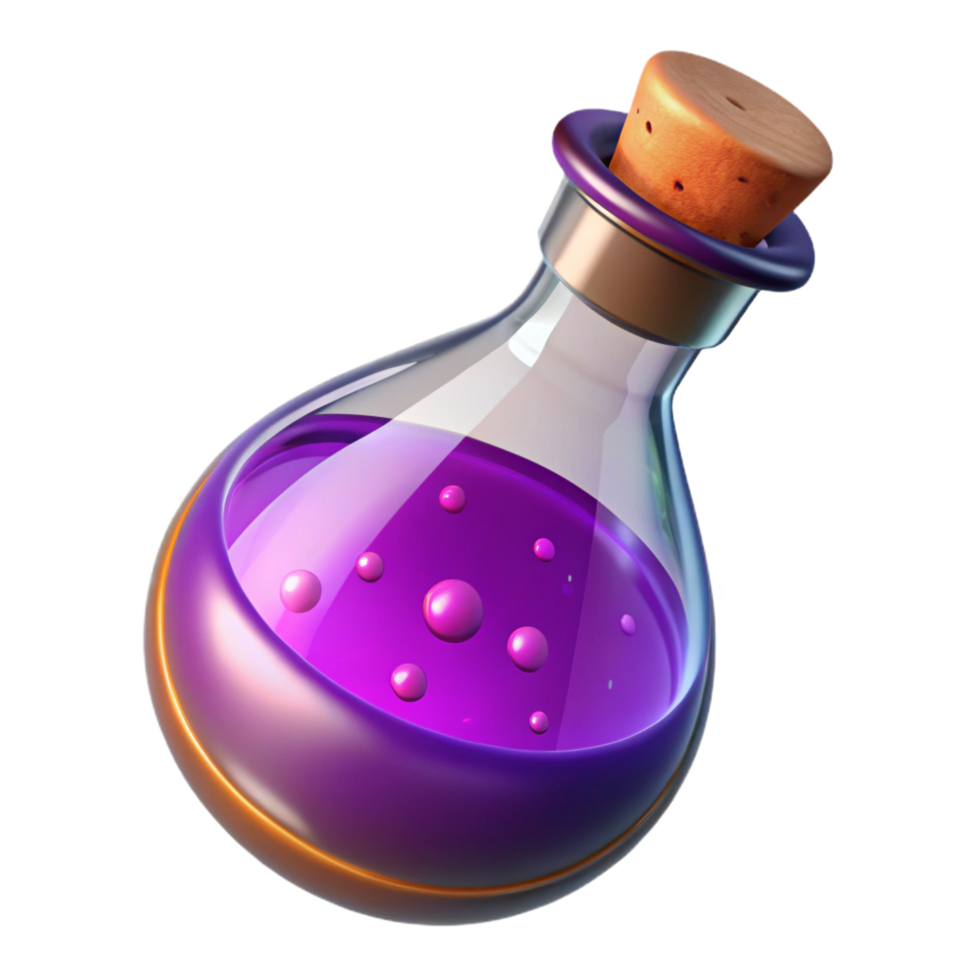 gorgeous inspired A powerful magic potion bubbling in a glass vial, NO BACKGROUND with Transparent Background. png
