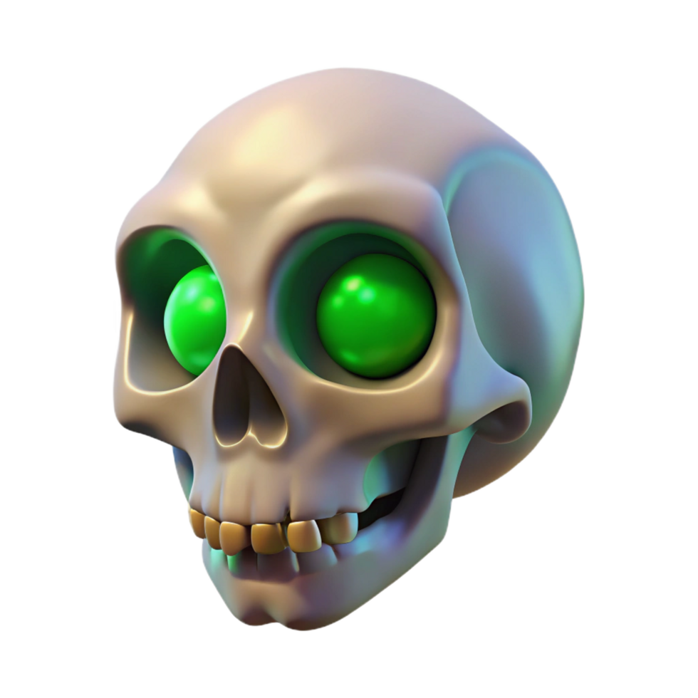 intense immaculate A single, withered skull with glowing green eyes, NO BACKGROUND with Transparent Background. high resolution png