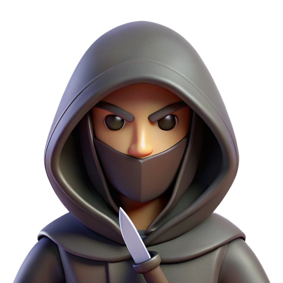 notable coastal A hooded assassin with a hidden dagger, NO BACKGROUND with Transparent Background. high resolution png