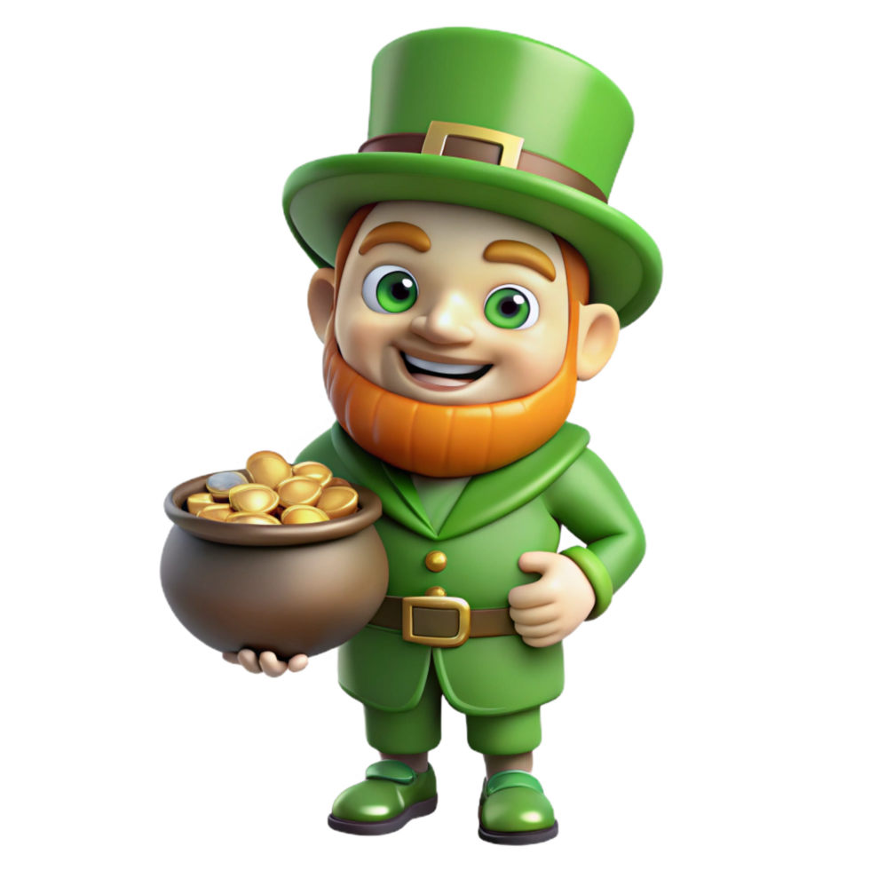 playful fascinating A whimsical leprechaun, holding a pot of gold. NO BACKGROUND with Transparent Background. 8K png