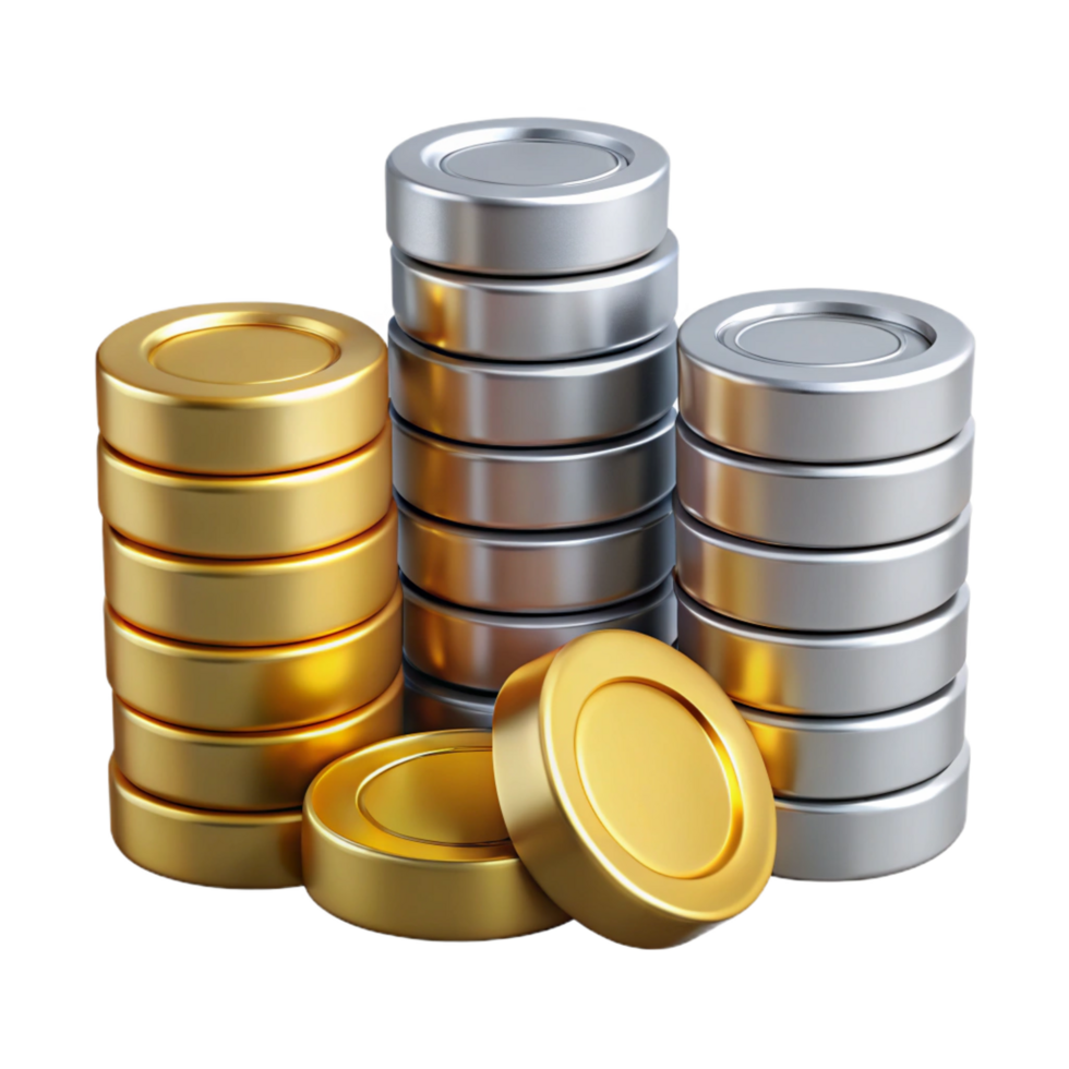 vibrant classic A stack of coins, gold and silver, NO BACKGROUND with Transparent Background. professional png