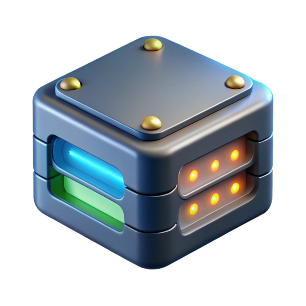 melancholic breathtaking High-tech data storage device with glowing indicator lights. NO BACKGROUND with Transparent Background. masterfully captured png