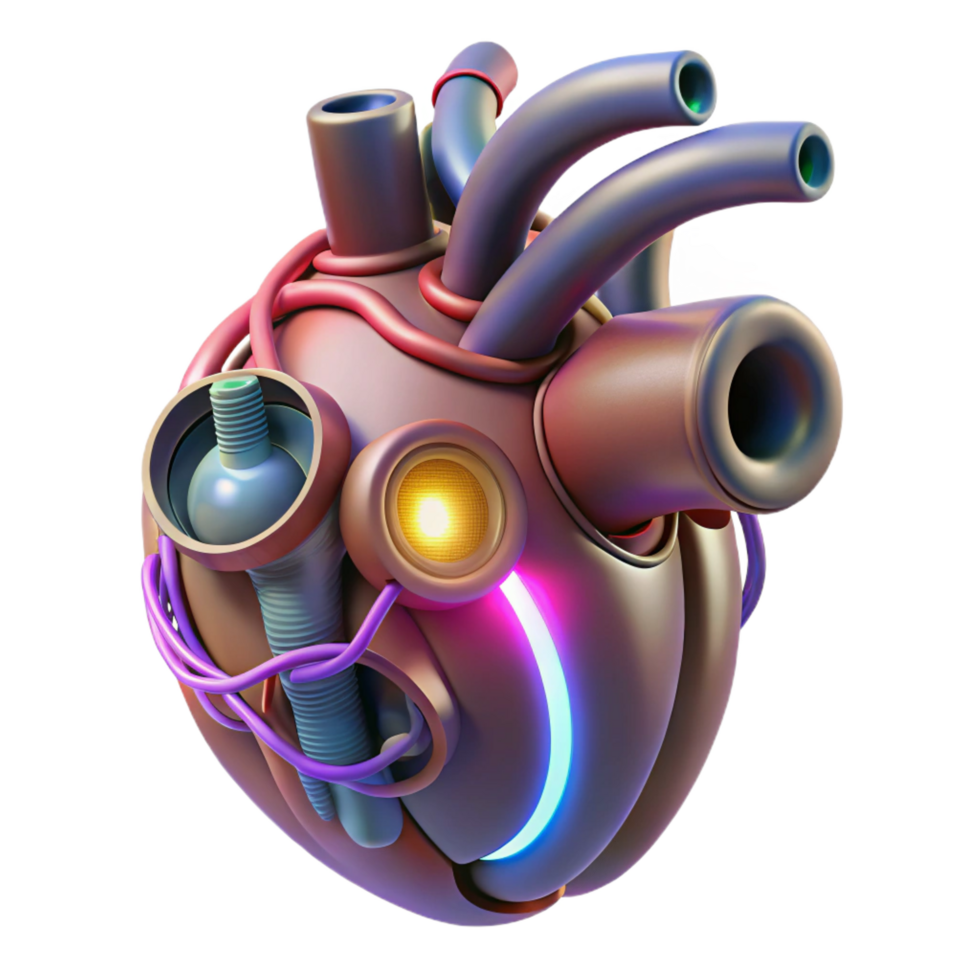 mysterious impressive Artificial heart with glowing components and intricate wiring. NO BACKGROUND with Transparent Background. masterfully captured png