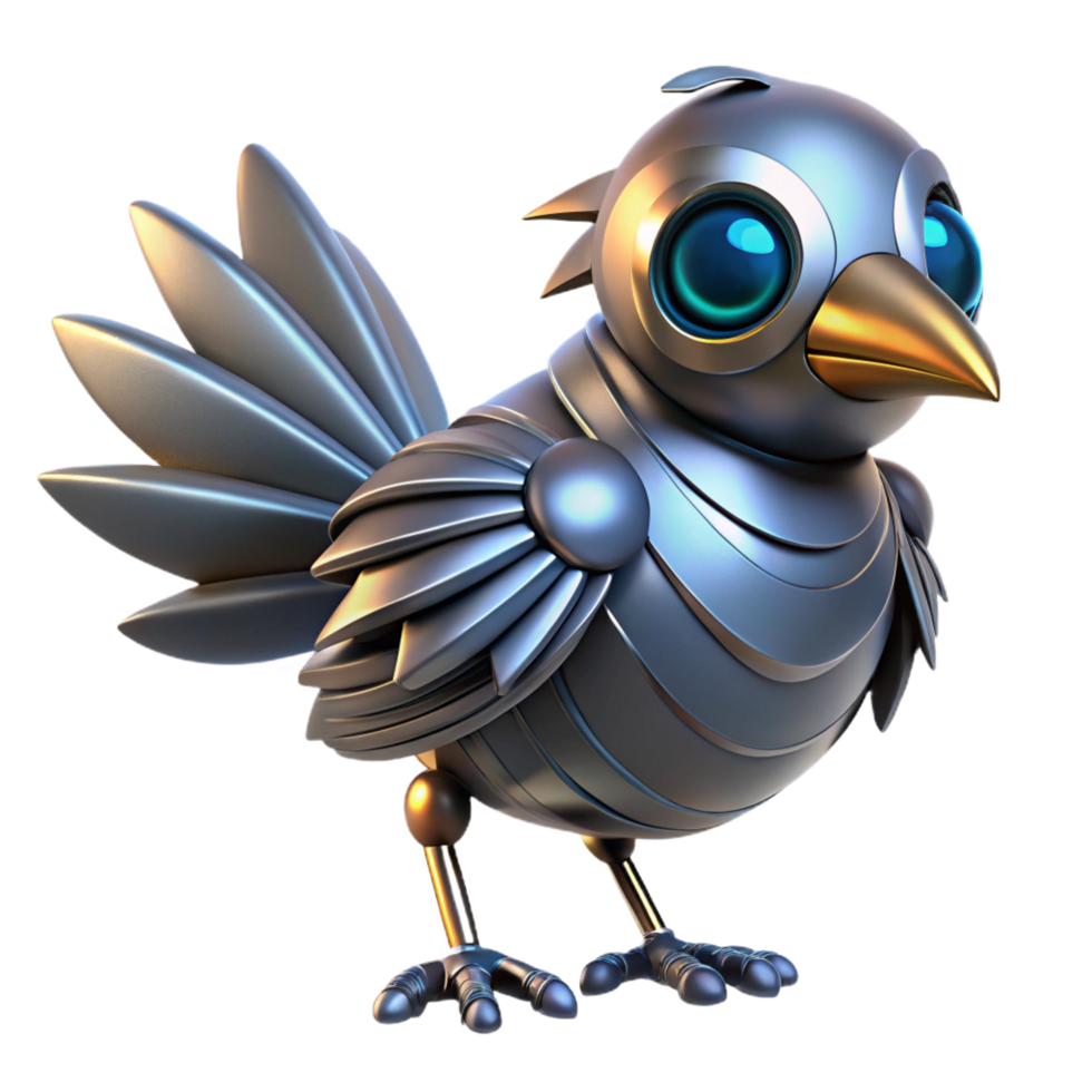 splendid coveted Robotic bird with metallic feathers and glowing eyes. NO BACKGROUND with Transparent Background. png