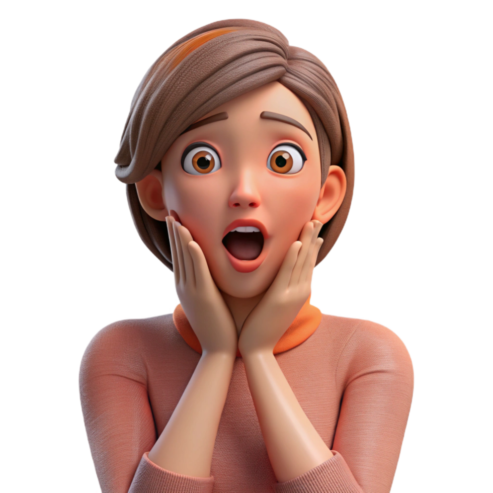 splendid melancholic organic Surprised young woman, open mouth, hand on cheek, NO BACKGROUND with Transparent Background. luxury png
