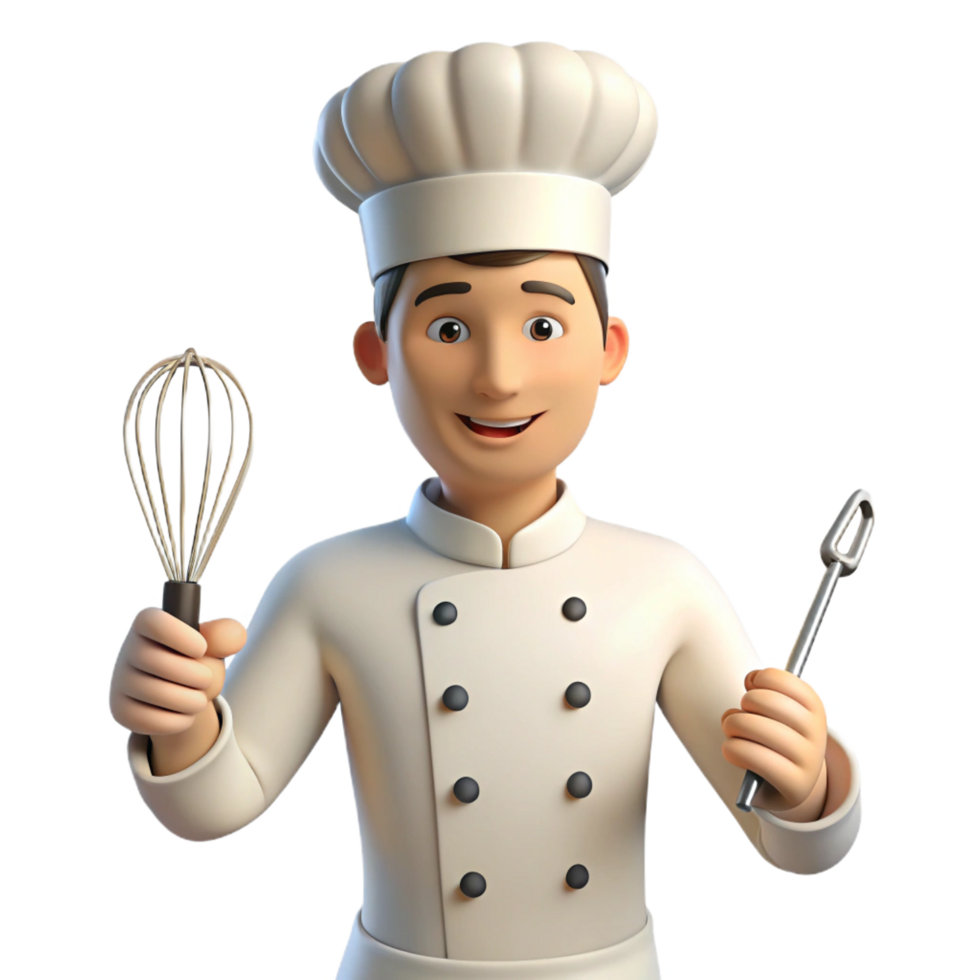 striking classic Chef, white uniform, holding whisk, NO BACKGROUND with Transparent Background. refined png