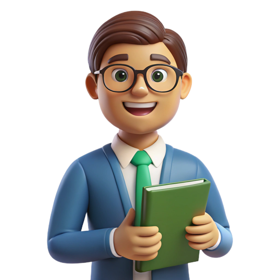 mesmerizing distinctive Teacher, glasses, holding book, NO BACKGROUND with Transparent Background. png