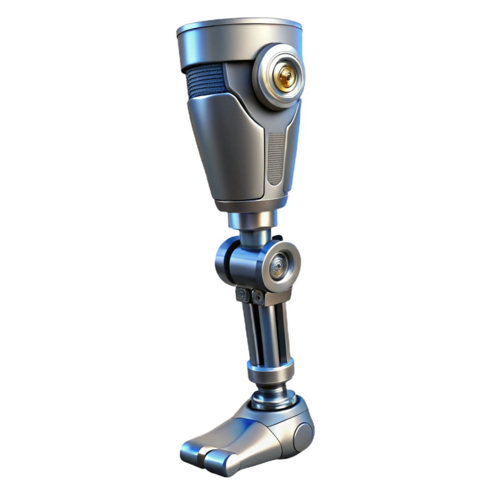 mysterious stunning Cyberpunk prosthetic leg, chrome finish, hydraulics, articulated joints NO BACKGROUND with Transparent Background. 8K png