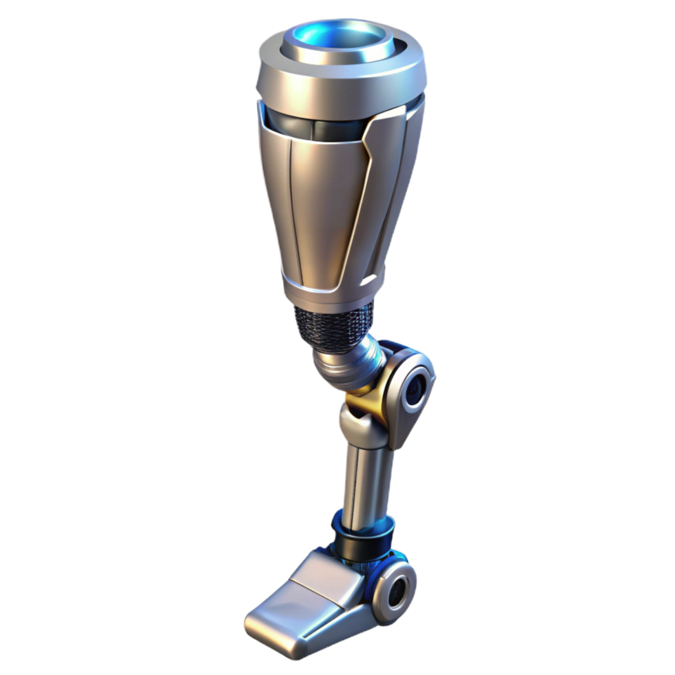 mysterious spectacular Cyberpunk prosthetic leg, chrome finish, hydraulics, articulated joints NO BACKGROUND with Transparent Background. crisp png