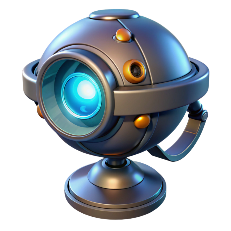 pristine unparalleled Sci-fi security camera, futuristic design, glowing lens, rotating head NO BACKGROUND with Transparent Background. png