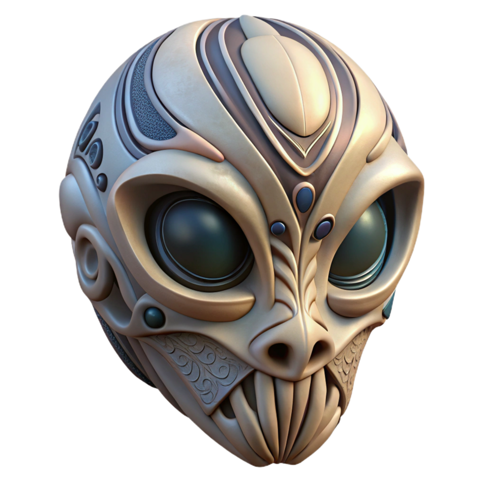 striking celebrated Alien mask, tribal design, intricate carvings, bone material, textured surface NO BACKGROUND with Transparent Background. png