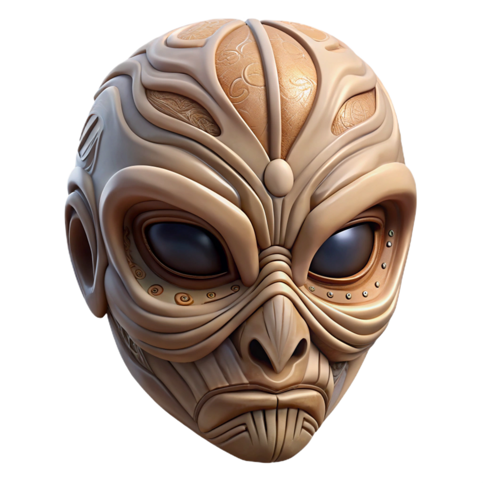 stunning gothic Alien mask, tribal design, intricate carvings, bone material, textured surface NO BACKGROUND with Transparent Background. sharp png
