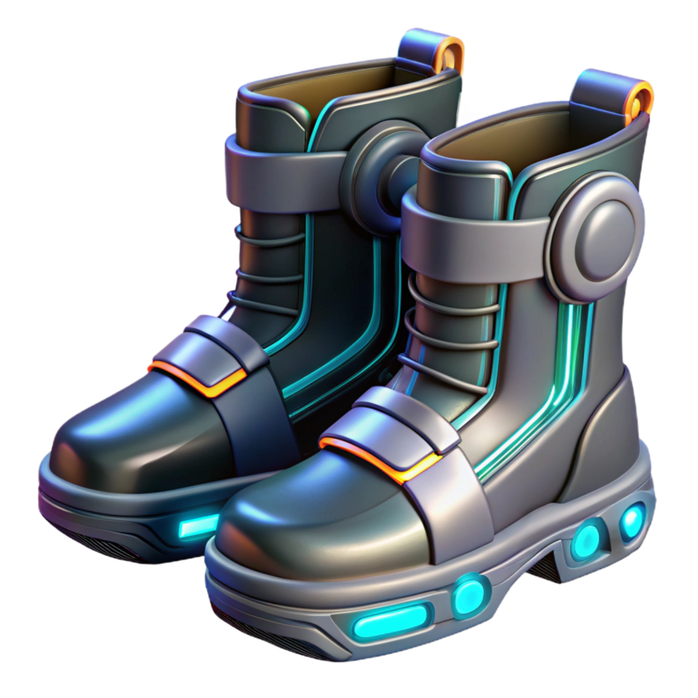 reflective beautiful Cyberpunk boots, futuristic design, glowing accents, reinforced soles NO BACKGROUND with Transparent Background. impeccable png
