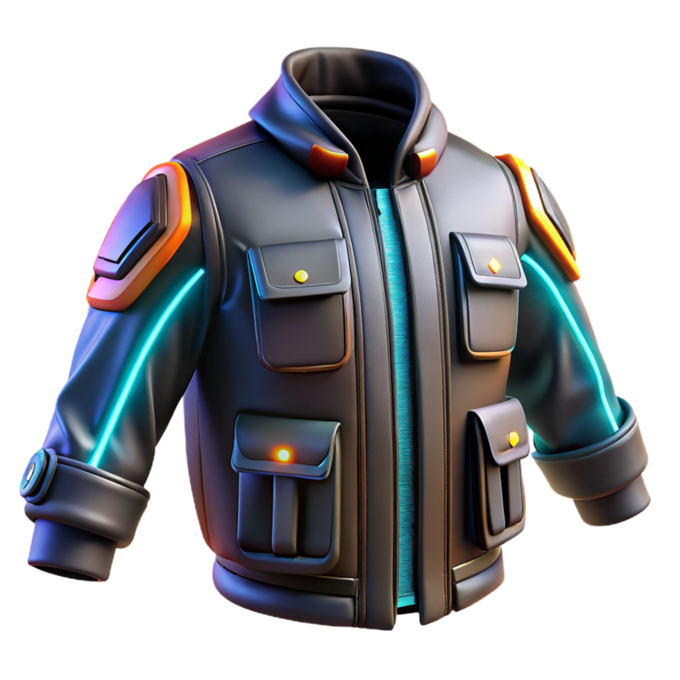 notable renaissance Cyberpunk jacket, futuristic design, glowing accents, multiple pockets NO BACKGROUND with Transparent Background. authentic png