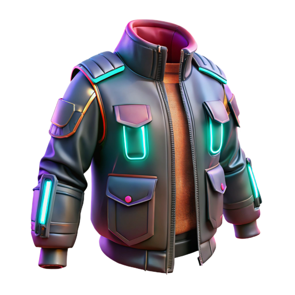 notable bohemian Cyberpunk jacket, futuristic design, glowing accents, multiple pockets NO BACKGROUND with Transparent Background. masterfully captured png