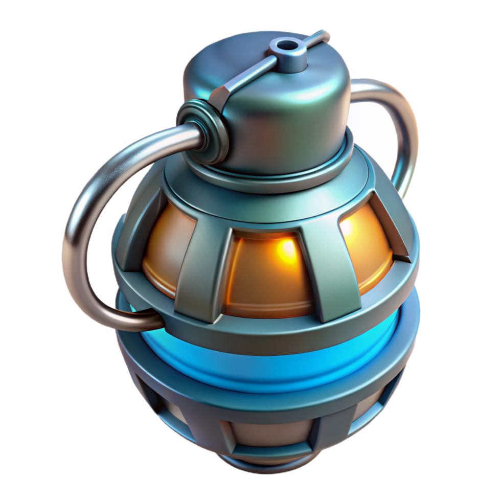 quintessential classic Sci-fi grenade, glowing core, futuristic design, safety pin, textured surface NO BACKGROUND with Transparent Background. studio quality png