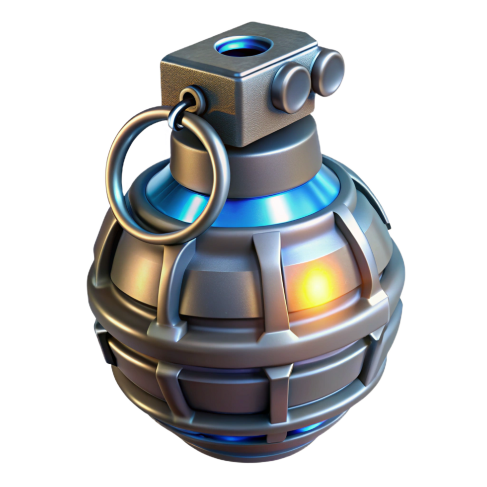 picturesque coastal Sci-fi grenade, glowing core, futuristic design, safety pin, textured surface NO BACKGROUND with Transparent Background. museum quality png