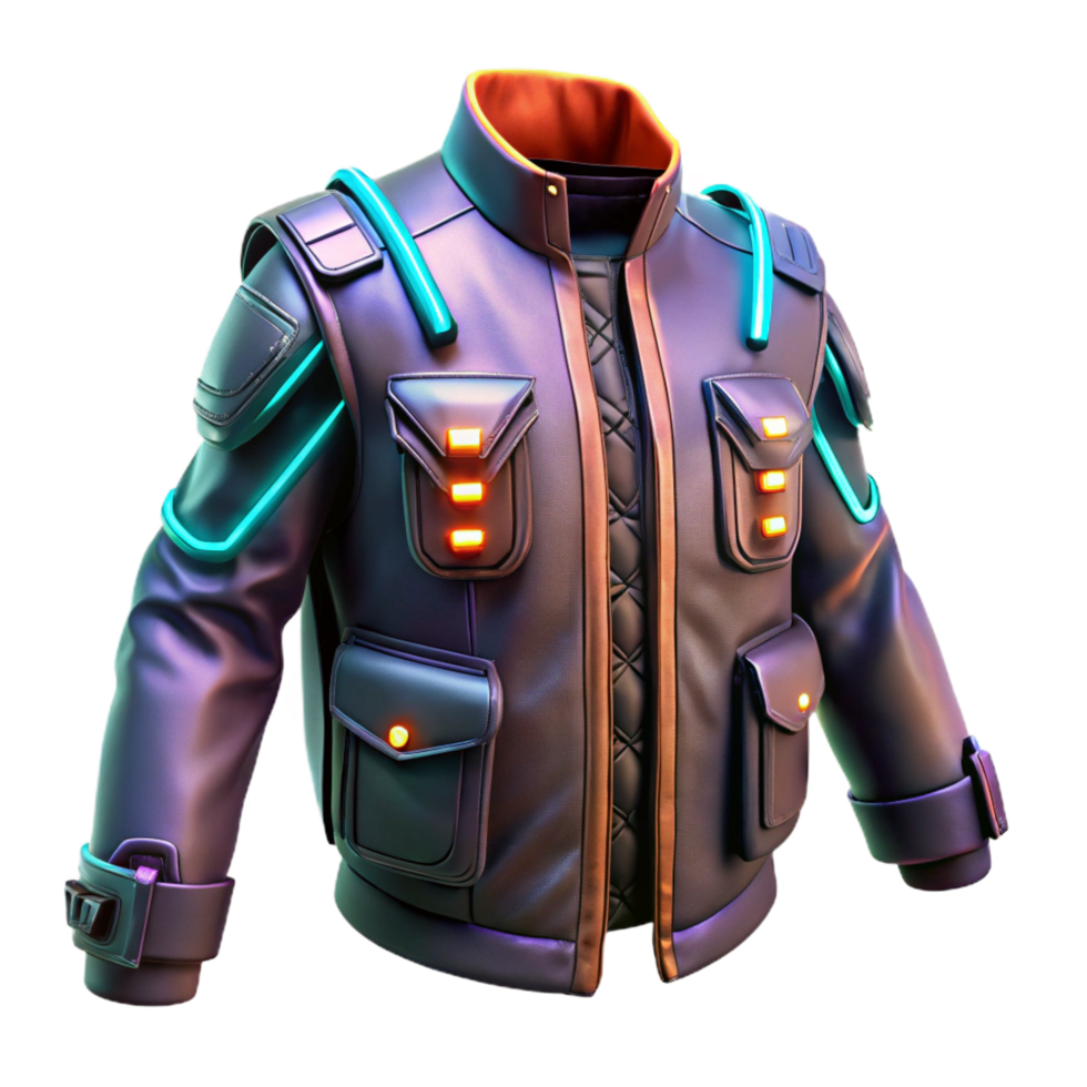rare contemporary Cyberpunk jacket, futuristic design, glowing accents, multiple pockets NO BACKGROUND with Transparent Background. sharp png