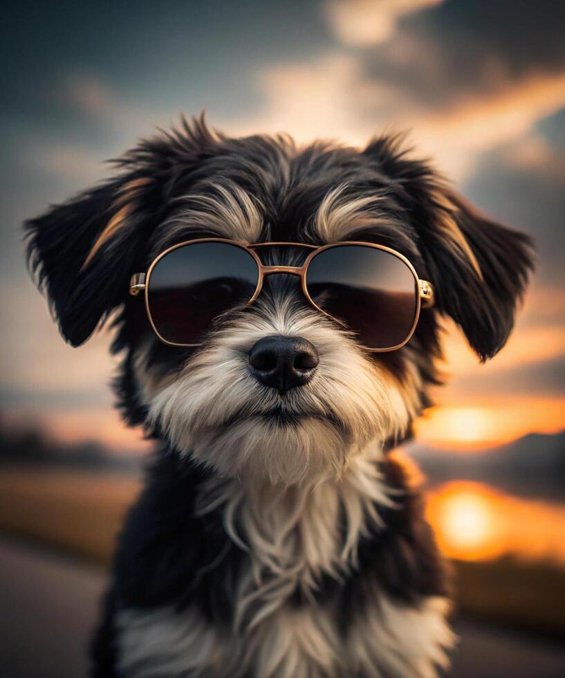 Dog solar eclipse with protective glasses photo