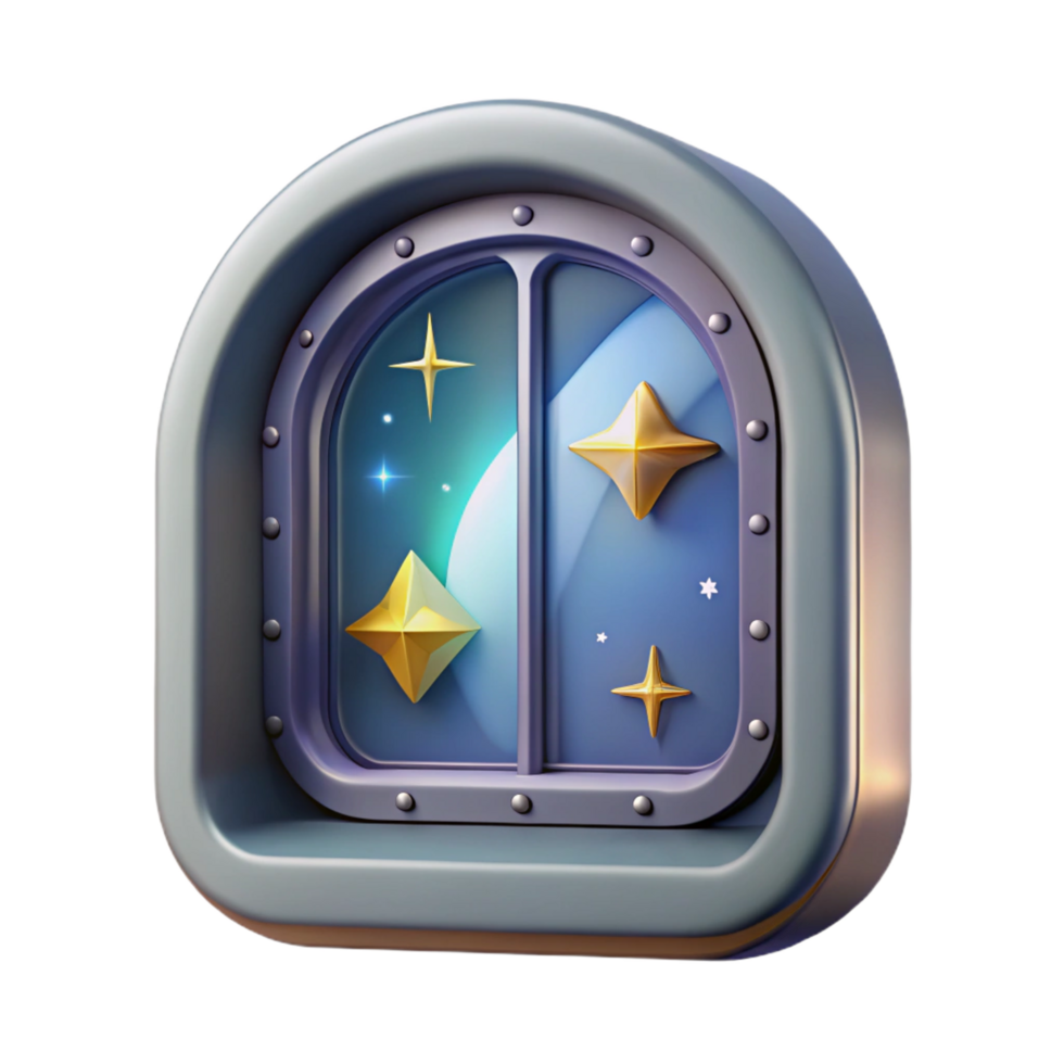 serene joyful rustic Spaceship window, futuristic design, view of stars, transparent. NO BACKGROUND with Transparent Background. elite png